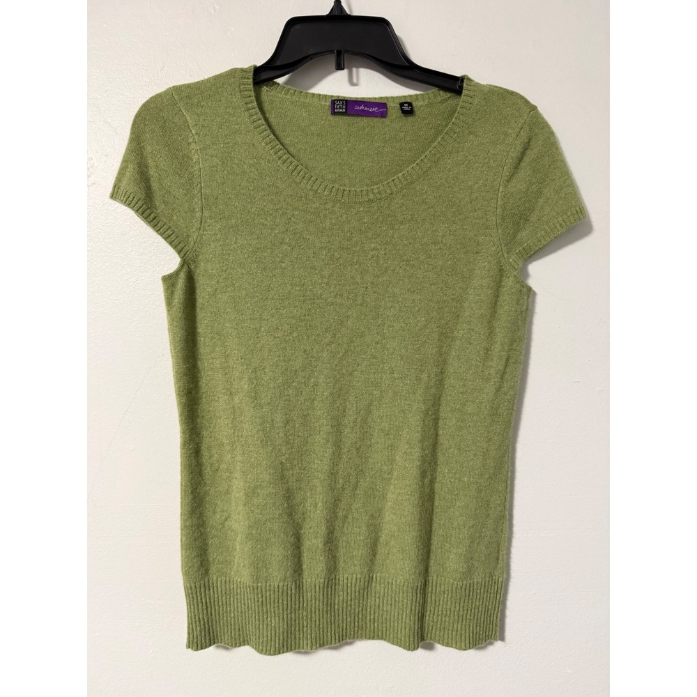 Saks Fifth Avenue 100%‎ Cashmere Short Sleeve Sweater Sage Green Womens Medium